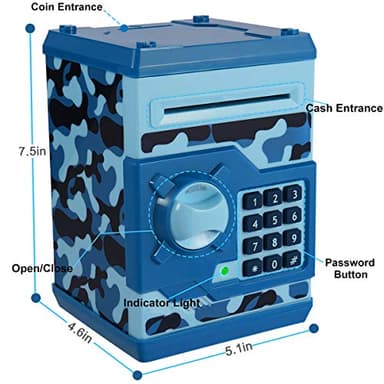 Qwifyu Piggy Bank for Boys Girls, 4 5 6 7 8 9 10 Year Old Girl Boy Birthday Gift Ideas, Electronic Password Money Saving Box ATM, Great Gift Safe Bank Toys for Kids (Camouflage Blue) - Image 2