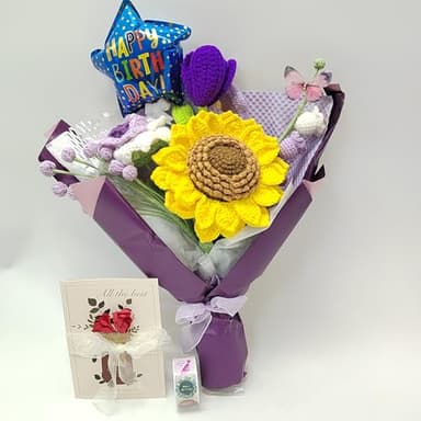 GREOENEL AMOR Completed Crochet Flowers Bouquet Sunflower Handmade Knitted Bouquet for Birthday Wedding Home Decor Gifts for Mom (Purple Crochet Flowers Bouquet Sunflower-033) - Image 2