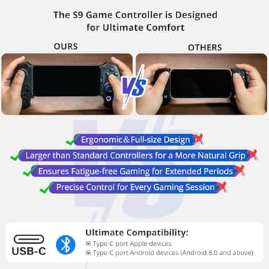 S9 Full-Size Gaming Phone Controller for iPhone 15/16, iPad Mini 6/7, Android Tablet, Bluetooth＆Type-C Mobile Gamepad with Free Key Mapping＆App, for Genshin Impact & Zenless Zone Zero, Hall Joystick - Image 3