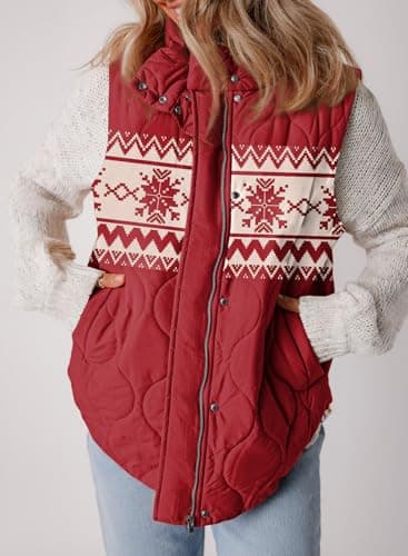 EVALESS Womens Fashion Cropped Christmas Puffer Vest Fall 2025 Lightweight Quilted Stand Collar Sleeveless Button Down Jackets Winter Warm Coat Outerwear Gilet with Pockets Red X-Large - Image 5