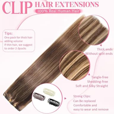 Clip in Hair Extensions Real Human Hair Clip ins 100% Human Hair Extension for Women 8pcs Per Set with 18 Clips Double Weft (22 Inch 90g #4/27 Chocolate Brown to Honey Blonde) - Image 3