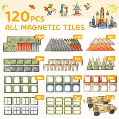 HarworLife 120 PCS Magnetic Tiles, Diamond Magnet Tiles with 2 Cars Magnetic Blocks STEM Toys 3D Kids Preschool Educational Sensory Toys Gift for Toddlers Kids Boys Ages 3 4 5 6 7 8 9+ Year Old - Image 2