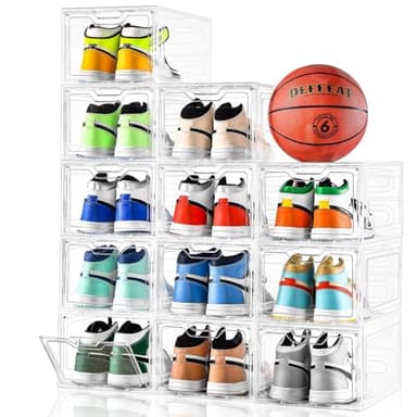 12 Pack Thicken & Sturdy Clear Shoe Storage Organizer with Magnetic Door, Shoe Boxes Clear Plastic Stackable for Closet, Shoe Rack for Sneaker Boot Container, Shoe Cabinet Fit up to US Size 12 - Image 1