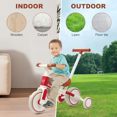 6 in 1 Toddler Tricycle with Push Handle Kids Tricycle for 2-5 Year Olds Toddler Bike for 1 Year Trikes for Kids 1-3 with Removable Pedal Adjustable Seat Birthday Gift Trike 1 to 3 Tricycle Red - Image 6