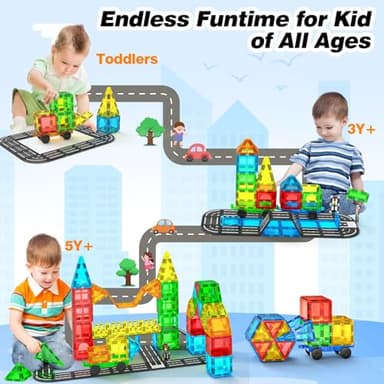 Magnetic Tiles Road Sets with Car, Magnetic Building Blocks Toys for 3+ Year Old Boys Girls, Montessori Magnet Kids Toys, Construction Toys for Ages 3 4 5 6 7 8 Christmas Birthday Gifts for Toddlers - Image 3