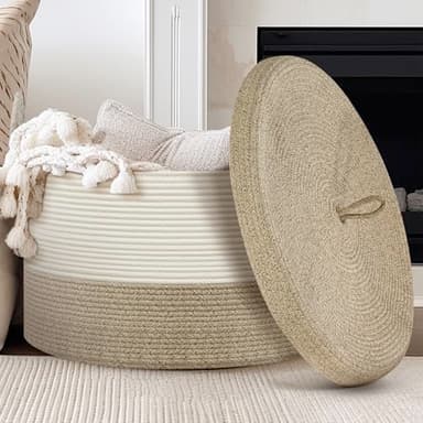 Noonkty Blanket Basket with Lid - Large Toy Basket for Baby 21.7" x 13.8" Woven Baskets Blanket Storage for Living Room Bedroom, Cotton Rope Laundry Baskets for Towels Pillow, White & Brown - Image 6