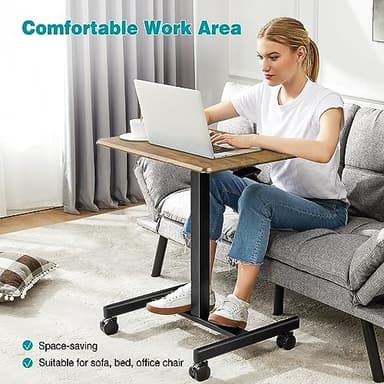 DUMOS Small Standing Desk Mobile Portable Rolling Laptop PC Table on Wheels Adjustable Height Computer Workstation for Home Office, 19 Inch, Brown - Image 6