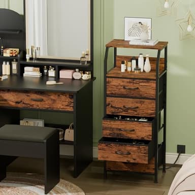 Furnulem 5 Drawers Dresser with Charging Station, Tall Night Stand with Storage Shelf, Fabric Chest of Drawers, Bedside Table for Closet, Entryway, Bedroom Furniture, 3 Ways to Use, Rustic Brown - Image 2