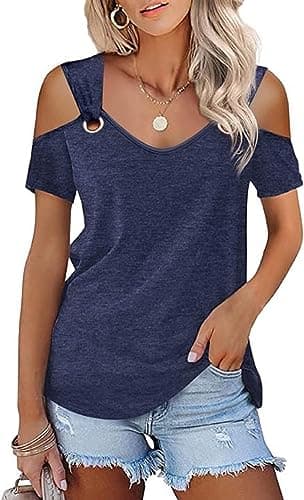 Women's Shirts Short Sleeve Cold Shoulder Navy Blue Basic Tee Tops V Neck Blouse Tunic Top - Image 1
