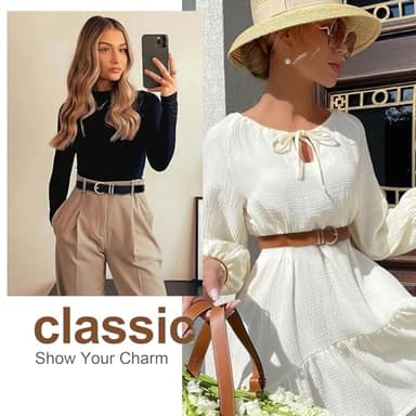 VONMELLI 2 Pack Women's Leather Belts for Jeans Pants Fashion Gold Buckle Ladies Belt Black Brown M - Image 3