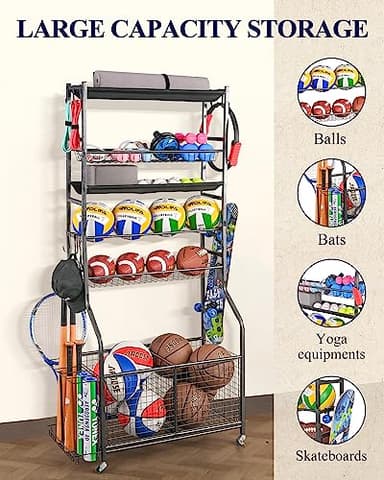 Mythinglogic Garage Sports Equipment Organizer, Ball Storage Extra Large Capacity Six Tier Sports Organizer for Garage, Basketball Rack with Hooks and Baskets for Football, Soccer Ball, Bat, Toys - Image 2