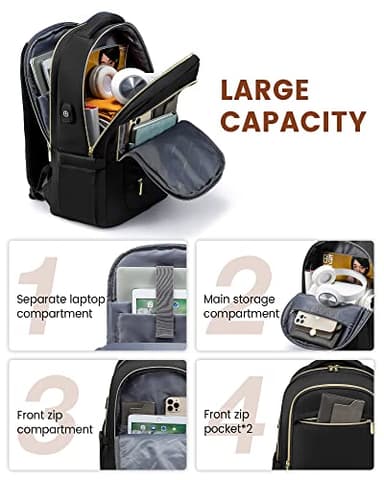 LOVEVOOK Laptop Backpack for Women, Black Business Travel Backpacks with USB Port, Water Resistant Work Teacher Computer Bag, Stylish Daypack, Fits 15.6" Laptop - Image 4