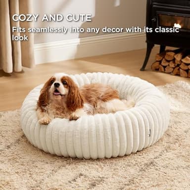 Bedsure Donut Medium Dog Bed - Washable Faux Fur with Corduroy Fleece & Anti Slip Bottom, Round Pet Bed with Removable Cover, Cream, 30x30x8 inches - Image 4