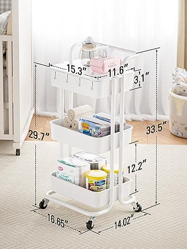 Pipishell 3 Tier Rolling Cart with Table Top, Utility Cart with Wheels & 4 Hooks, Rolling Storage Cart for Home Storage and Organization, White, PIUC09W - Image 3