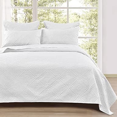 PHF Lightweight Quilt Set King Size, 3PCS Ultra Soft Ultrasonic Bedspread, Geometric Square Pattern Coverlet, Drop Nicely Bed Spread 106" x 96"with 2 Pillow Shams, White - Image 1