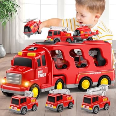 5 in 1 Fire Truck Cars for Toddlers 3-5, Boy Car Truck Toys with Light Sound, Birthday Gifts for 3 4 5 6 Year Old Boy - Image 3