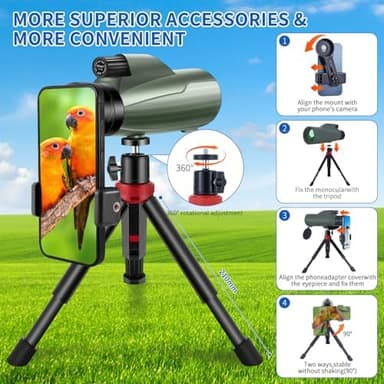 12x56 Monoculars for Adults High Powered, HD BAK4 FMC Monocular Telescope with Smartphone Adapter & Tripod, Portable Lightweight Monocular Scope for Bird Watching, Stargazing, Concerts & Sports Events - Image 3