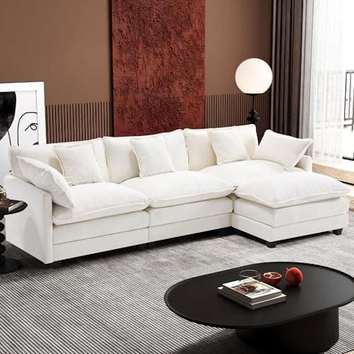 Ihanherry 111.4" L Shaped Modern Sofa Modular Sectional Cloud Couch with Ottoman, 4-Seat Chenille Deep Seat Sofa with Pillow for Living Room, Bedroom and Apartment, Beige - Image 1