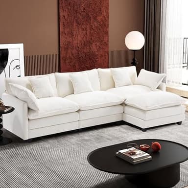 Ihanherry 111.4" L Shaped Modern Sofa Modular Sectional Cloud Couch with Ottoman, 4-Seat Chenille Deep Seat Sofa with Pillow for Living Room, Bedroom and Apartment, Beige - Image 1
