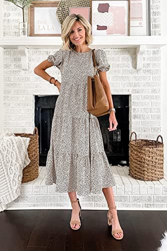 PRETTYGARDEN Summer Dresses for Women 2025 Casual Floral Boho Midi Sun Dress Puff Short Sleeve Flowy Beach Vacation Sundress (Apricot,Large) - Image 5