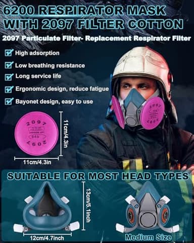 HCHONGY Gas Respirator Mask with 2097 Filters, Paint Mask Respirator - Reusable Half Face Gas Mask for Particles, Lead Paint & Asbestos, Organic Vapor, Chemical, Pollen, Dust, Fume, Epoxy Resin - Image 2