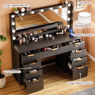 ALEXNUTRE Vanity Desk with Large Mirror and Lights, 45.3in Makeup Vanity with Power Outlet 9 Drawers & Storage, 3 Lighting Color Adjustable, Black - Image 2