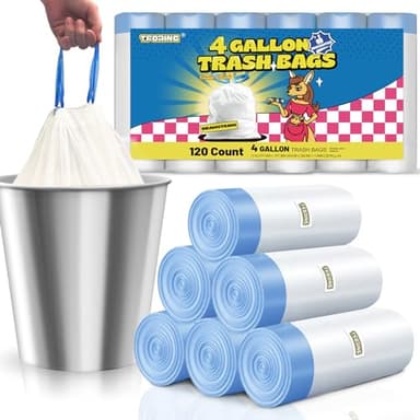T.FORING 4 Gallon Trash Bag, 1.1 Mil 15 Liter White Thick Unscented Small Plastic Garbage Bags with Drawstring for Bathroom, Wastebasket Liners for Toilet Home Office and Bedroom (4 Gal-120) - Image 1