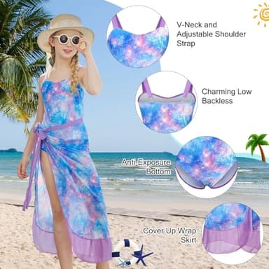 uideazone Girls One Piece Swimsuit with Wrap Skirt Purple Starry Sky Printed Swimwear Size 5 6 Sun Protection Bathing Suit Two Piece Coverups Sets for Beach Surfing - Image 4