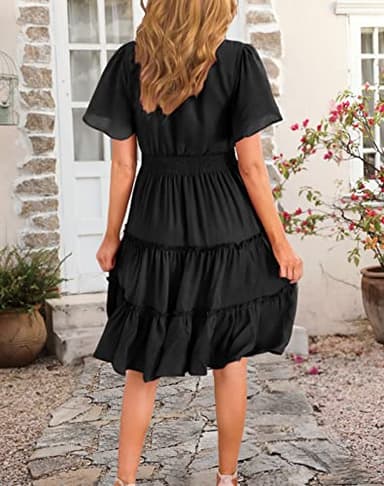 Zattcas Women 2025 Sping Summer Dress Short Sleeve V Neck Smocked Casual Flowy A Line Tiered Modest Teacher Work Graduation Wedding Guest Midi Dress Black M - Image 5