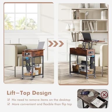 Colima Lift Top End Table with Charging Station and Wheels, Sofa Side Table with USB Port & AC Outlets, Movable Bedside Nightstand with Side Bag for Office Living Room Bedroom(Rustic Wood) - Image 6
