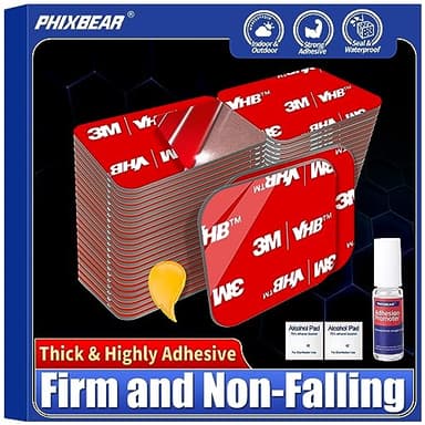 PHIXBEAR Double Sided Sticky Pads,Made of 3M VHB,Strong Adhesive Tape Squares Heavy Duty Waterproof Heat Resistant, Extreme Mounting Foam Tape,Car Home Outdoor Use, 48 Pcs 1.18x1.38 Inch - Image 1