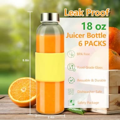 Zukro Glass Water Bottles with Grip Silicone Sleeve 18 oz, 6 Pack Reusable Leak Proof Juice Bottles for Juicing, Beverage Storage, Airtight Stainless Steel Lid, Drinking Jar with Cap, BPA Free - Image 2
