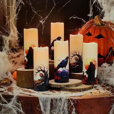 Halloween Flameless LED Candles, Set of 6, Gothic Design with Remote Control, 6 in x 2.15 in, 2AA Battery Operated 400+ Hours, Timer Function, Halloween Decorations in Fall, Indoor/Outdoor Ues. - Image 8