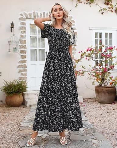 Women Summer Short Sleeve Round Neck Flutter Sleeve Smocked Pleats Ruffle Maxi Floral Dress Black Printed XL - Image 7