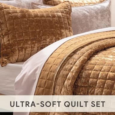 RECYCO Luxury Velvet Quilt Set King Size Bedding Sets, Ultra Soft Velvet Comforter Set, Lightweight Channel Box Stitch Oversized Bedspread Coverlet for All Season, with 2 Shams, Caramel Gold - Image 5
