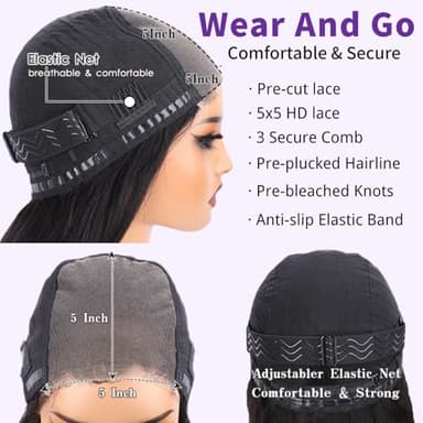 NKTU Wear and Go Glueless Wigs Human Hair Pre Plucked Pre Cut, 5x5 HD Lace Closure Wigs, All-Day Comfort, Deep Wave Wig for Women, Raw Human Hair, 180 Density, Narural color, 22 Inch - Image 3