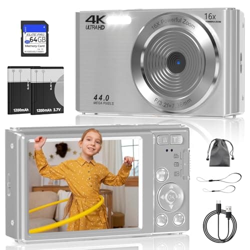 Digital Camera, FHD 4K 44MP Digital Camera, 16X Digital Zoom, Digital Point and Shoot Camera with 3-LED Fill Lights, 64GB SD Card, Compact Camera for Kids Teen Boys Girls, Sliver - Image 1