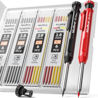 Nicpro Carpenter Pencil with Sharpener, Mechanical Pencils Set with 26 Refills, Deep Hole Marker for Construction, Heavy Duty Woodworking Tools for Architect (Black, Red) - With Case - Image 1