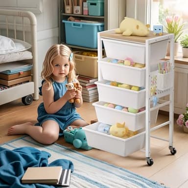 Rolling Cart with 5 Drawers, Plastic Drawer Storage Carts with Lockable Wheels & Wooden Tabletop, Metal Utility Cart with Pegboards, Office Living Room Classroom Craft Organization and Storage, White - Image 8