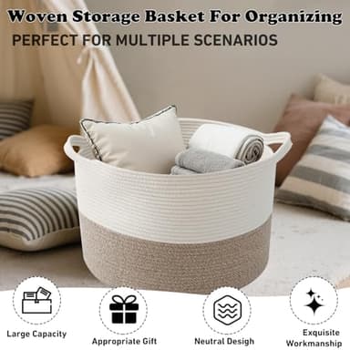HZFTJOY Large Blanket Basket for Organizing,65L Closet Organizers and Storage Bins Box for Shelves Woven Rope Storage Baskets,Living Room,Bedroom,Dorm,Laundry room (White&Brown) - Image 6