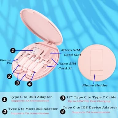 Multi USB Charging Adapter Cable Kit, USB C to iOS Device Adapter Box, Conversion Set A & Type C to Male Micro/Type C/iOS Device, Data Transfer, Card Storage, Tray Eject Pin, Phone Holder (Blue) - Image 3