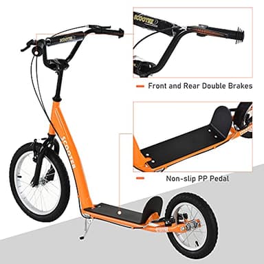 Aosom Youth Scooter Kick Scooter for Kids 5+ with Adjustable Handlebar 16" Front and 12" Rear Dual Brakes Inflatable Wheels, Orange - Image 3