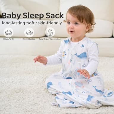 FIEMOL Baby Sleep Sack 0-6 Months, 0.5 TOG Wearable Blanket for Baby Boy and Girl, 2-Way Zipper Newborn and Infant Sleeping Bag 2 Pack, Lightweight Sleep Sacks Blue Whale（Small） - Image 2