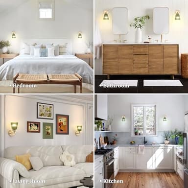 Shenmoyl Vintage Battery Operated Wall Sconce with Green Stripe Glass Lampshade Rechargeable Battery Powered Wall Light with Remote Control for Bedside Bedroom Doorway, Set of 2 - Image 2