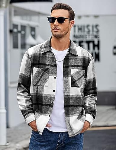 COOFANDY Men's Flannel Shirts Casual Button Down Plaid Shirt Jacket Long Sleeve Fleece Shacket with Pockets Black - Image 2