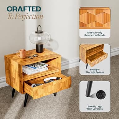 Bme Georgina Solid Wood Nightstand With 1 Drawer & Open Shelf- Fully Assembled Mid Century Modern Side Table - Geometric Pattern Bedside Dresser for Bedroom and Living Room - Image 3