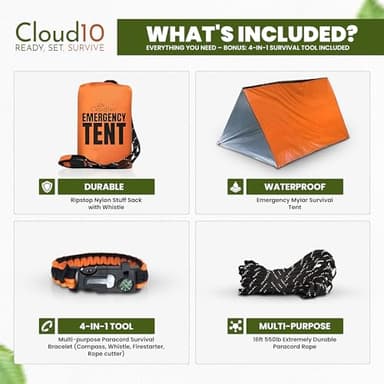 CloudTen Emergency Tent: Lightweight 2 Person Survival Tent with Multi-Function Paracord Bracelets - Essential Survival Gear & Bug Out Bag Items for Preppers, Hikers, Survivalists, Campers, Boy Scouts - Image 2