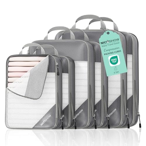 NICOSHOW 6 Set Compression Packing Cubes for Travel - Compressible, Lightweight, and Space-Saving Packing Cubes, Travel Essentials for Women, Grey - Image 1