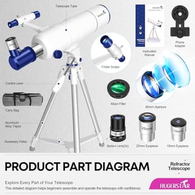 HUGERSTAR Telescope for Adults High Powered, 90mm Aperture 550mm Portable Refractor Telescope for Kids & Astronomy Beginners, Professional Telescopes with Tripod, Phone Adapter, Moon Filter, Carry Bag - Image 6