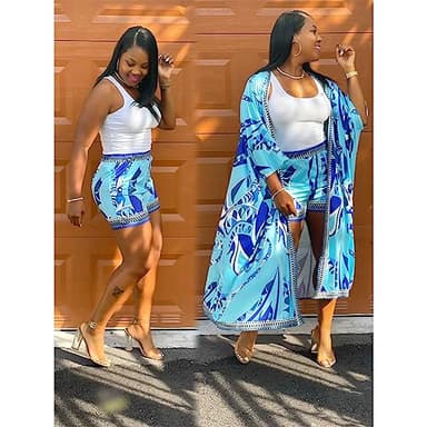 QegarTop Brunch Outfits for Vacation Two Piece Kimono Shorts Outfits Flowy Beach Coverups Blue M - Image 3